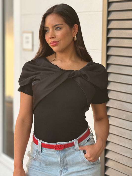 Rina Black Satin Crossed Top