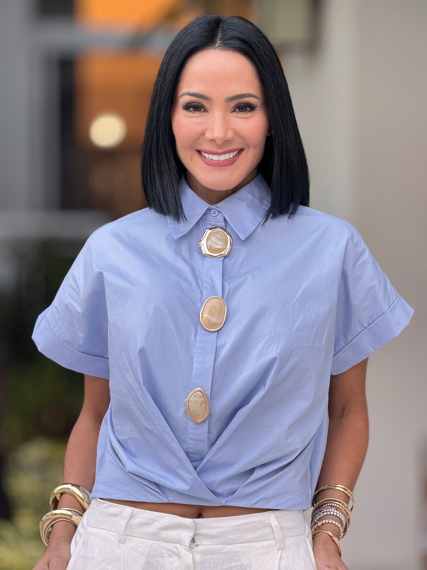 Pastel Blue/Gold Button Shirt Top