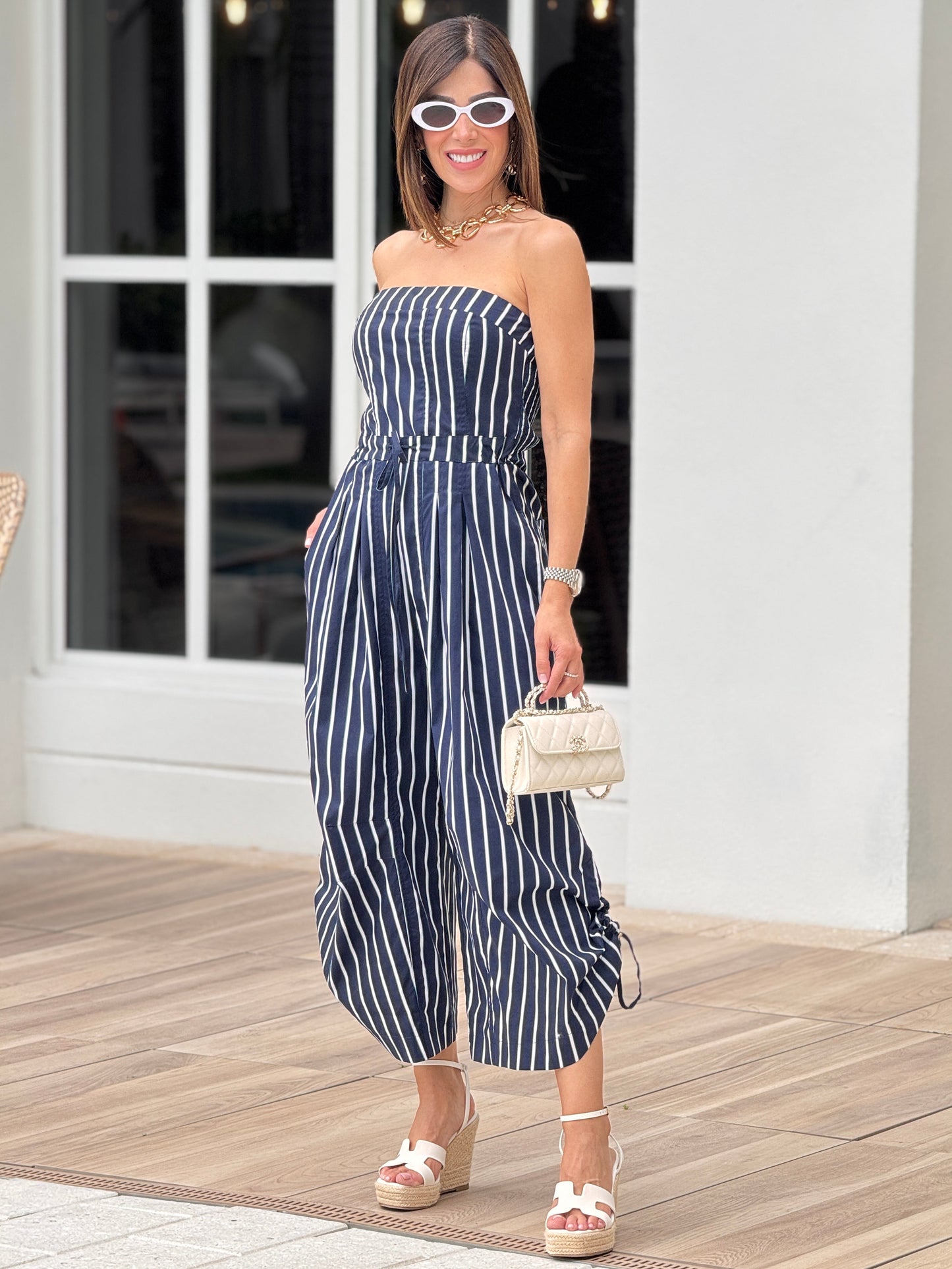 Kelsie Navy Lines Strapless Jumpsuit
