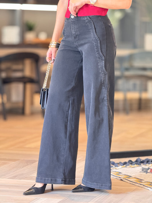 Risen Black Denim Wide Jeans
