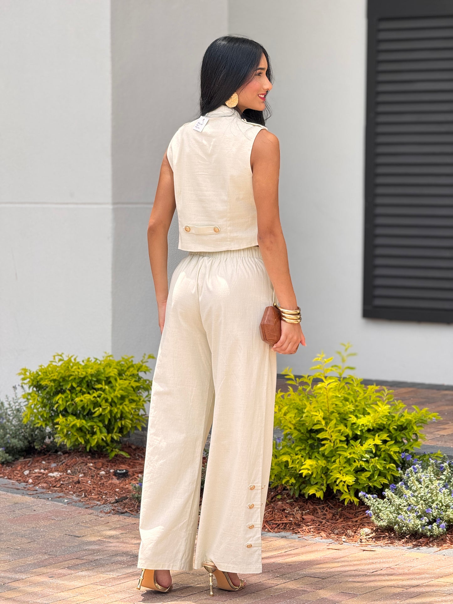 Creta Ivory Linen Studs Vest Set