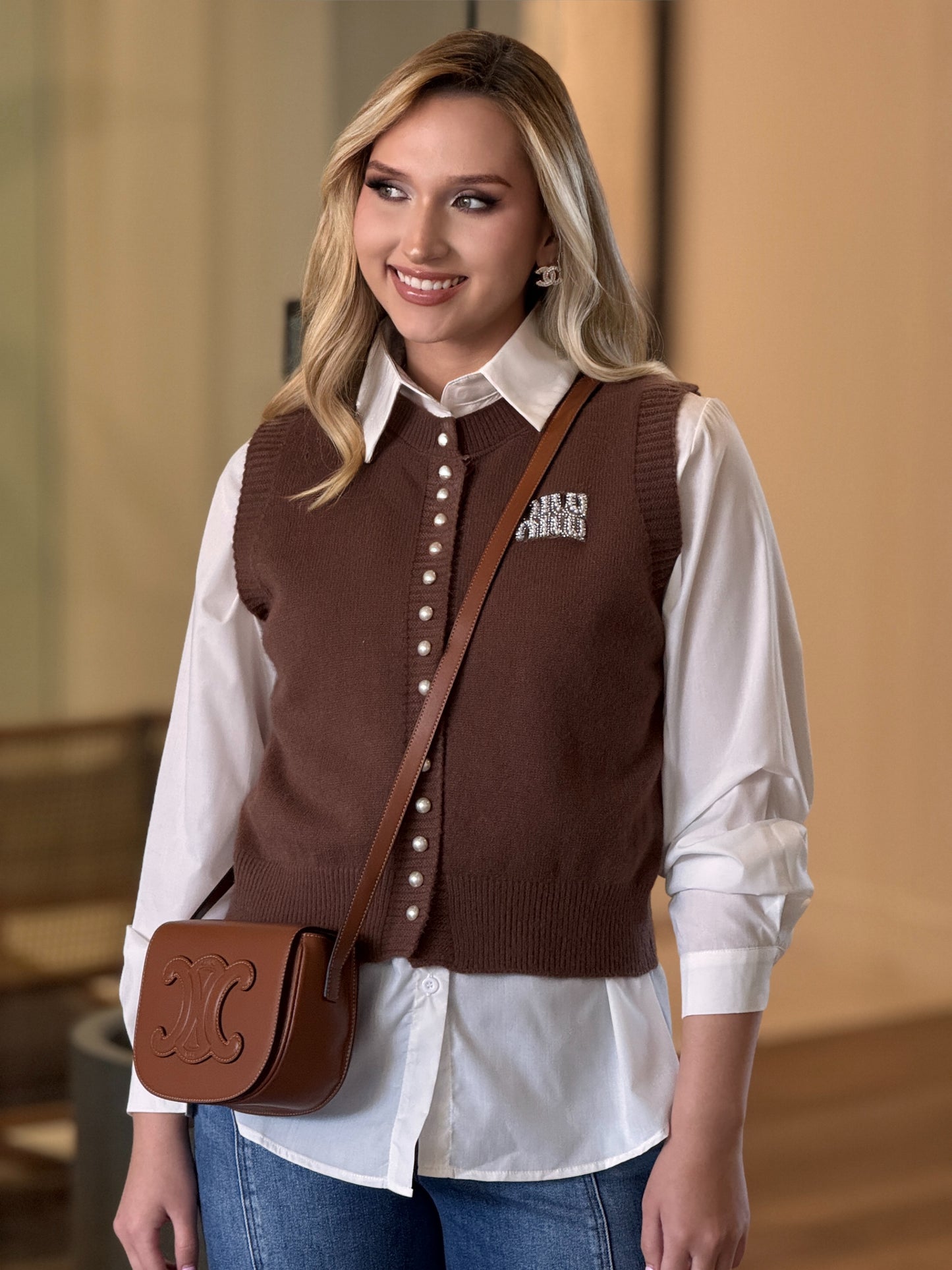 Miu Brown Vest+White Shirt Top