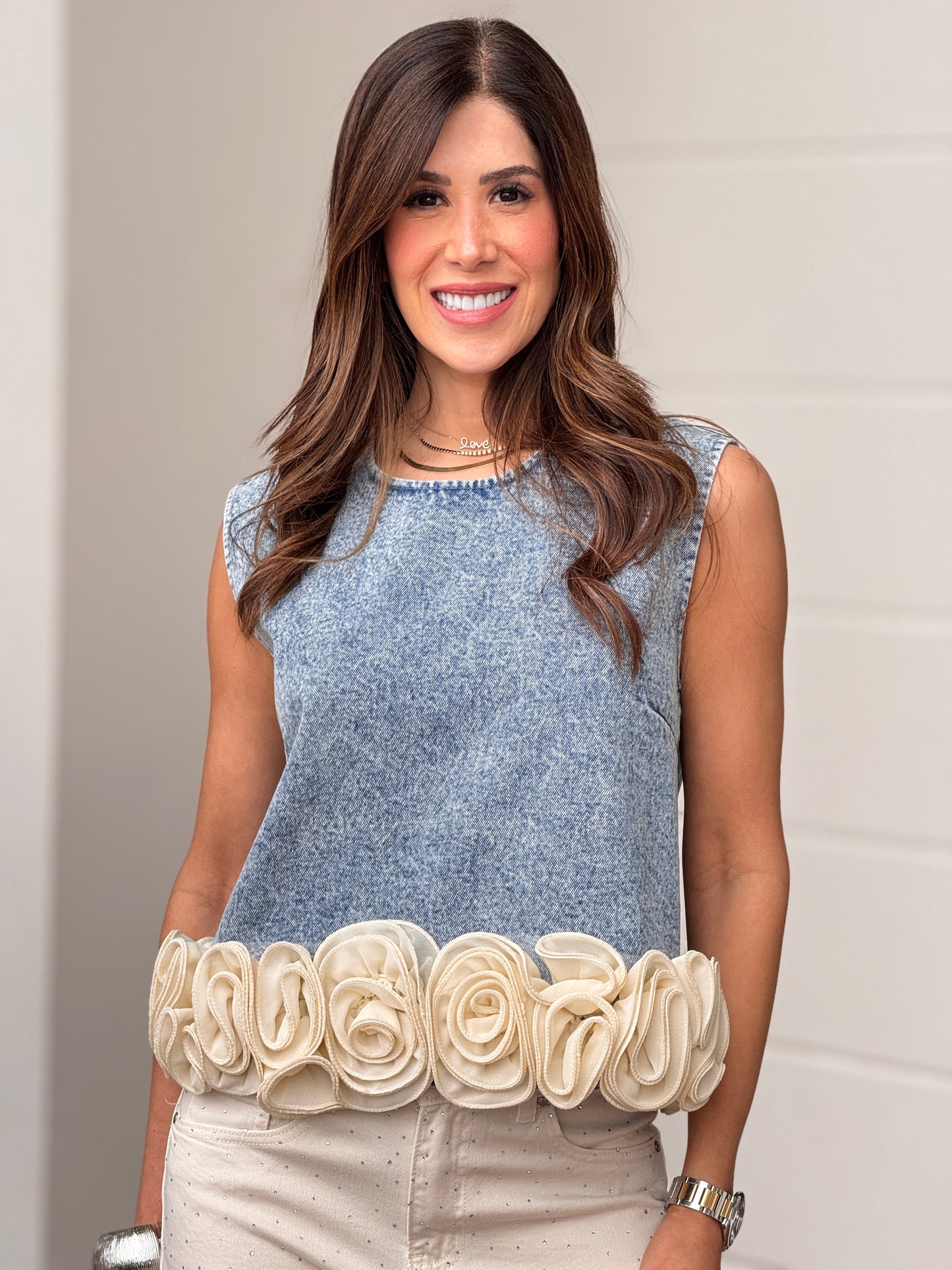 Rosetta Denim/Ivory 3D flowers Top