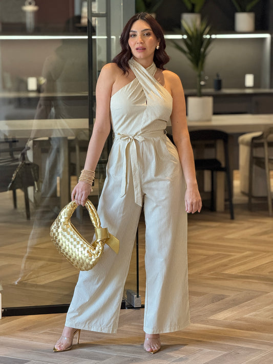 Akira Beige Lines Jumpsuit