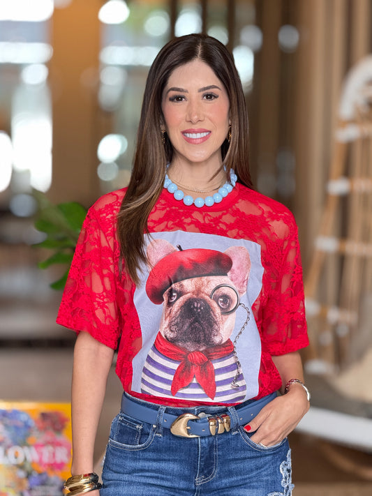Frenchie Red Lace T-shirt