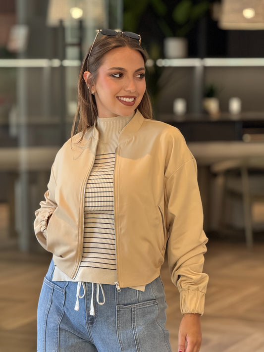 Adie Beige Satin Bomber Jacket Top