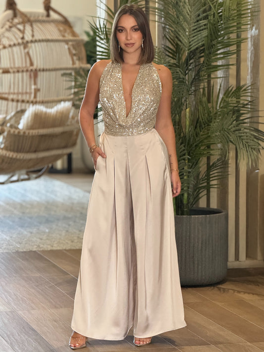 Kimmy Champagne Sequin Satin Jumpsuit