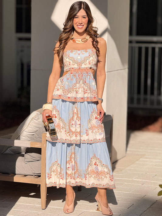 Boho Blue/Beige Cutout Print Dress