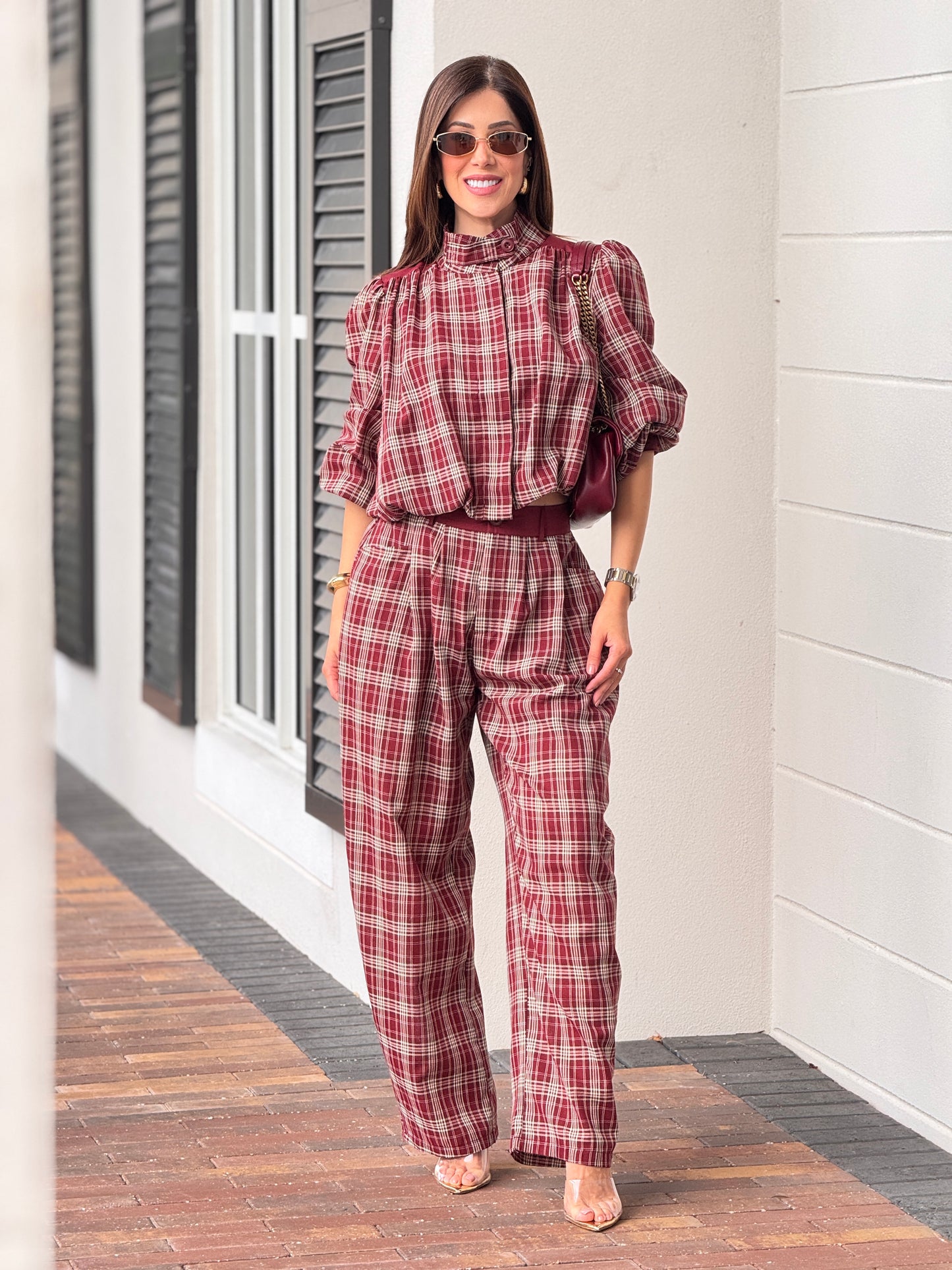 Tennie Burgundy Plaid Bomber Set