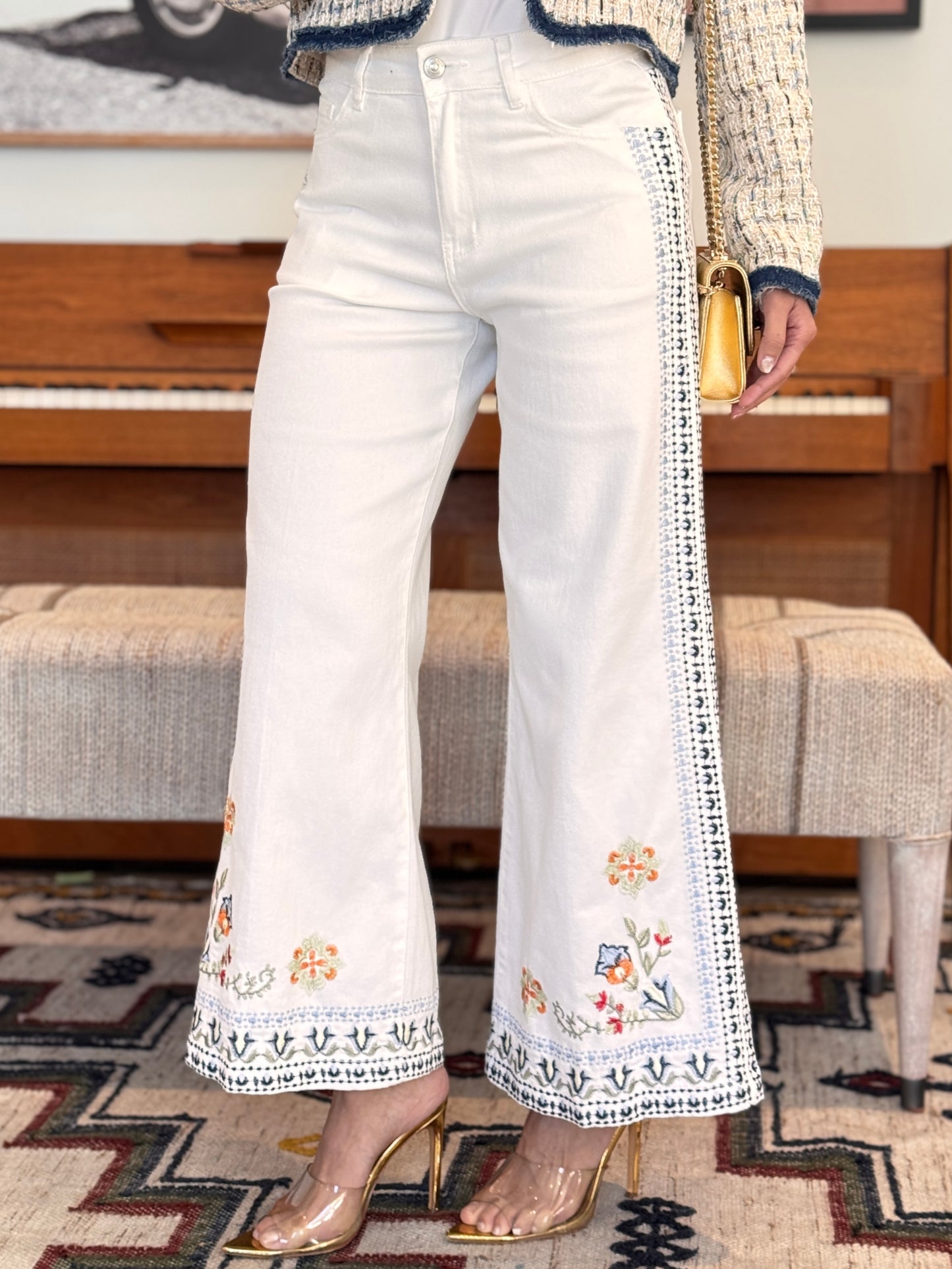 French White/Blue Side Stitches Jeans (bottom flowers)