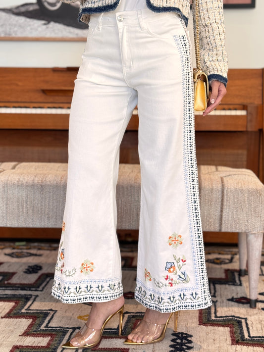 French White/Blue Side Stitches Jeans (bottom flowers)