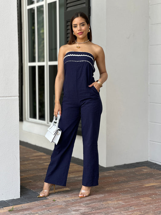 Elena Navy Linen Jumpsuit