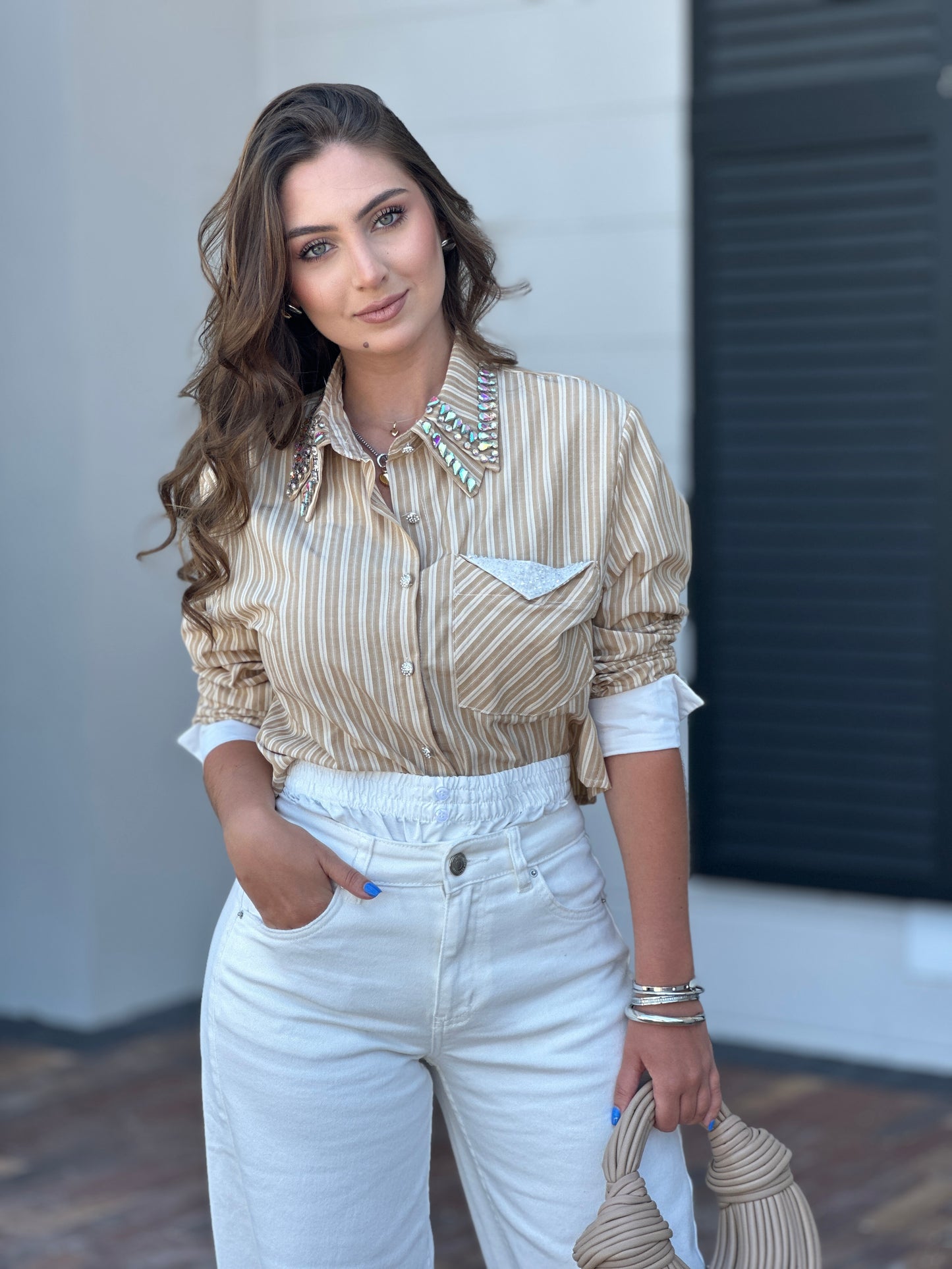 Keila Beige Lines Rhinestone Shirt