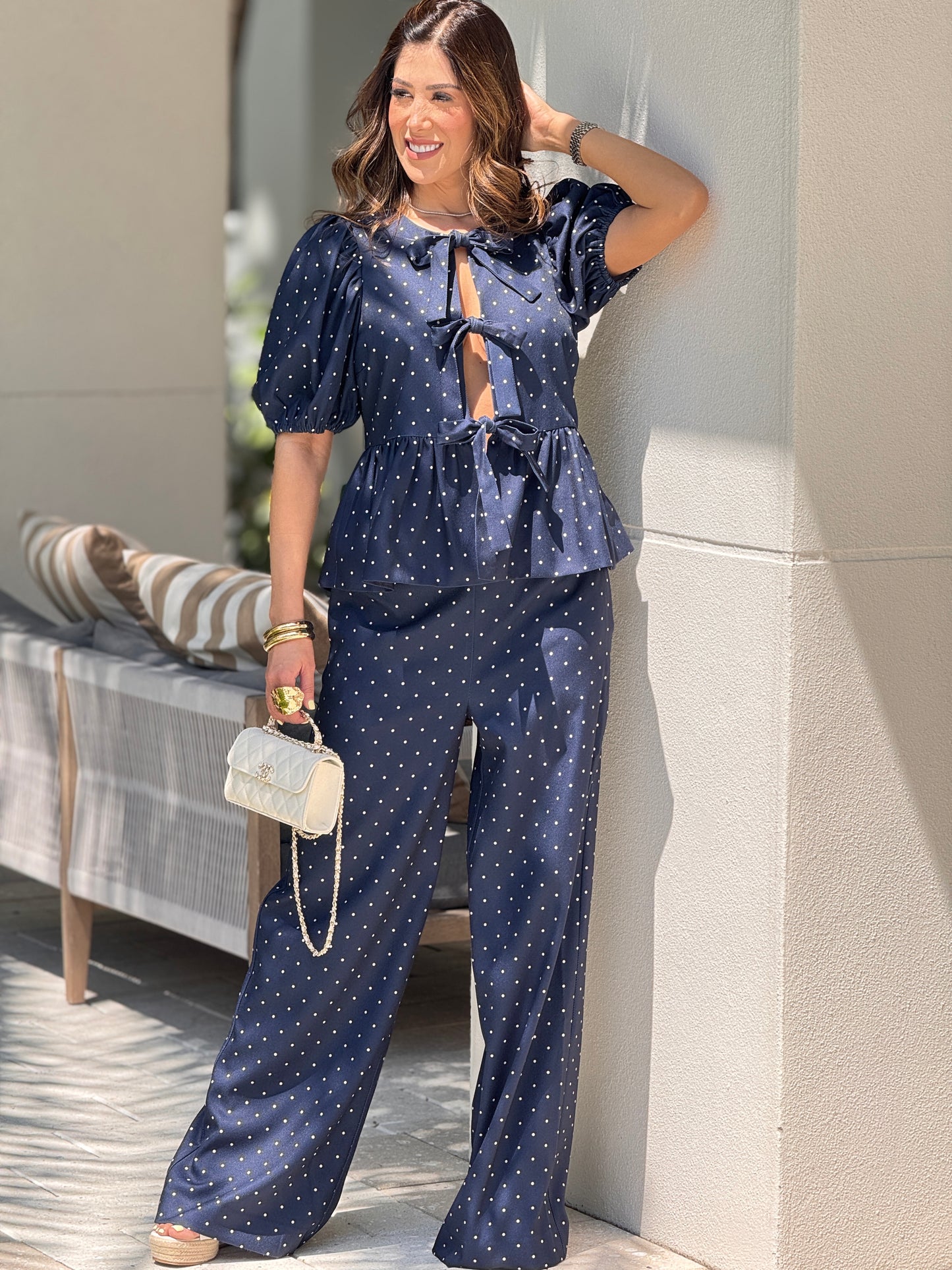 English Navy Polka Dots Bow Set