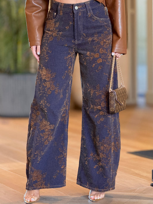 French Floral Print Barrel Jeans