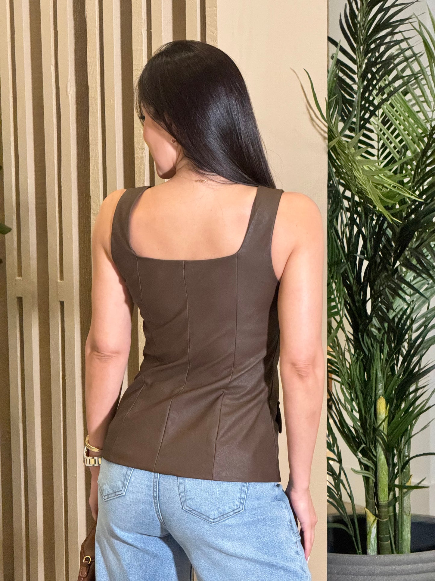 Thunder Brown Leather Long Vest Top