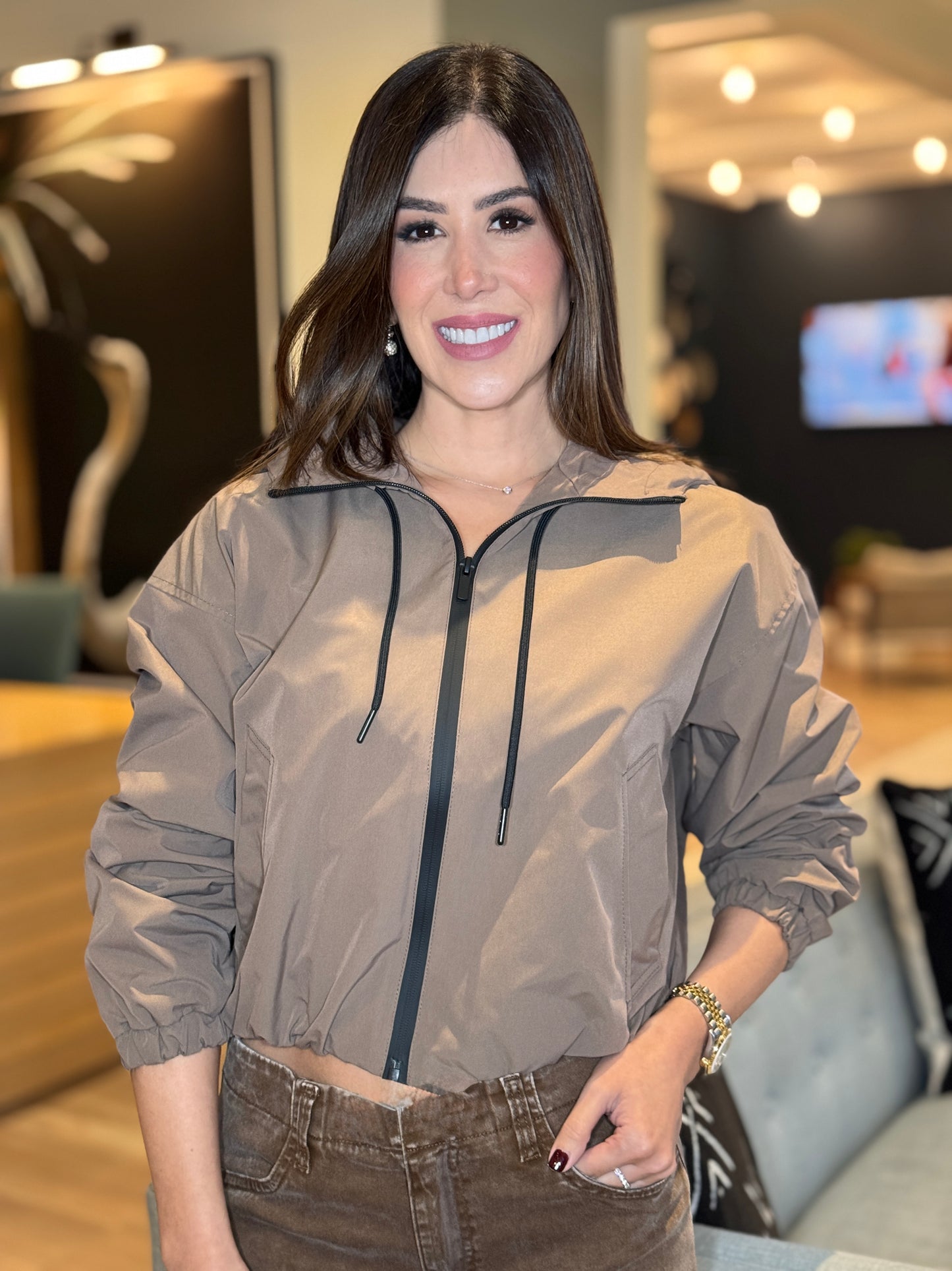 Loving Beige/Black Nylon Jacket Top