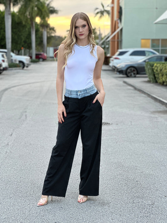 Oriana Denim Waistband Black Pants