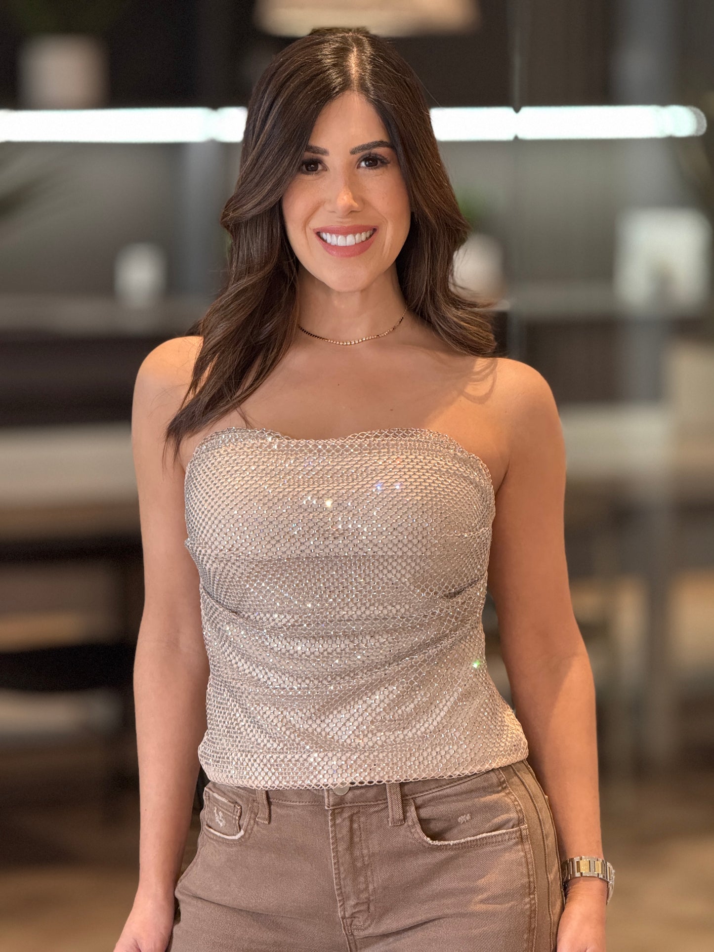 Muy Beige Strapless Rhinestone Top