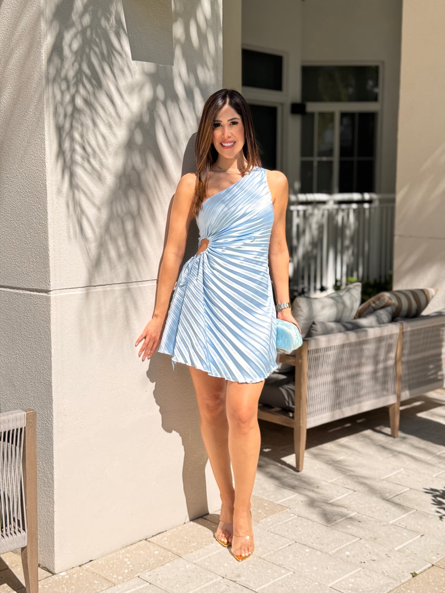 Lenna Blue Pleated Satin Dress Gala