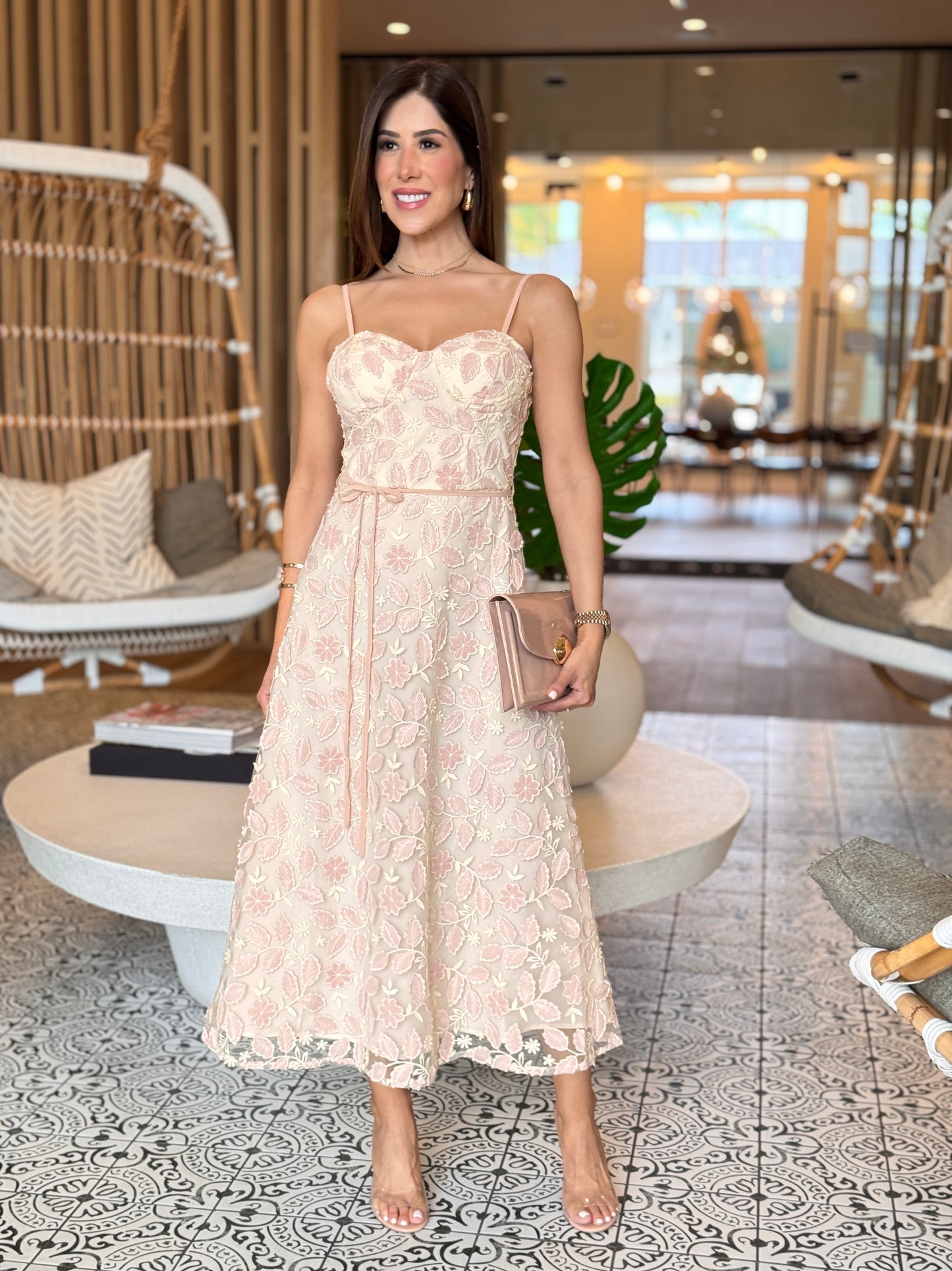 Chic Pink Velour Floral Midi Dress