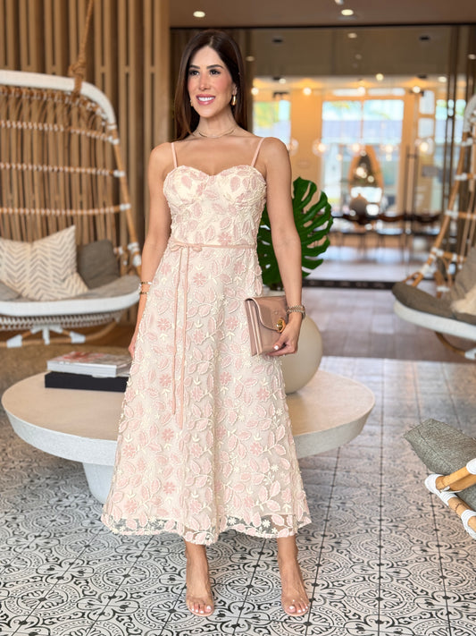 Chic Pink Velour Floral Midi Dress
