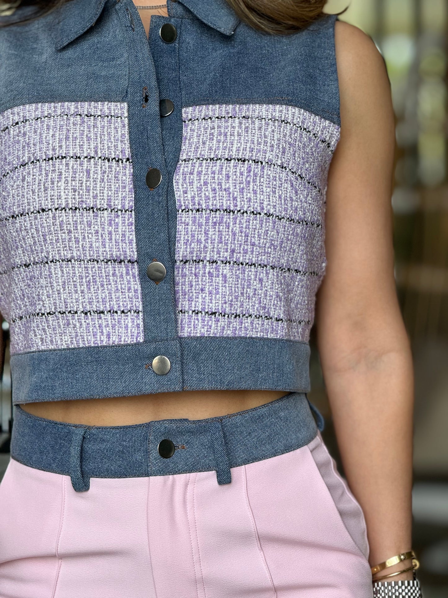 Angelica Pink Tweed Denim Vest+Pant Set