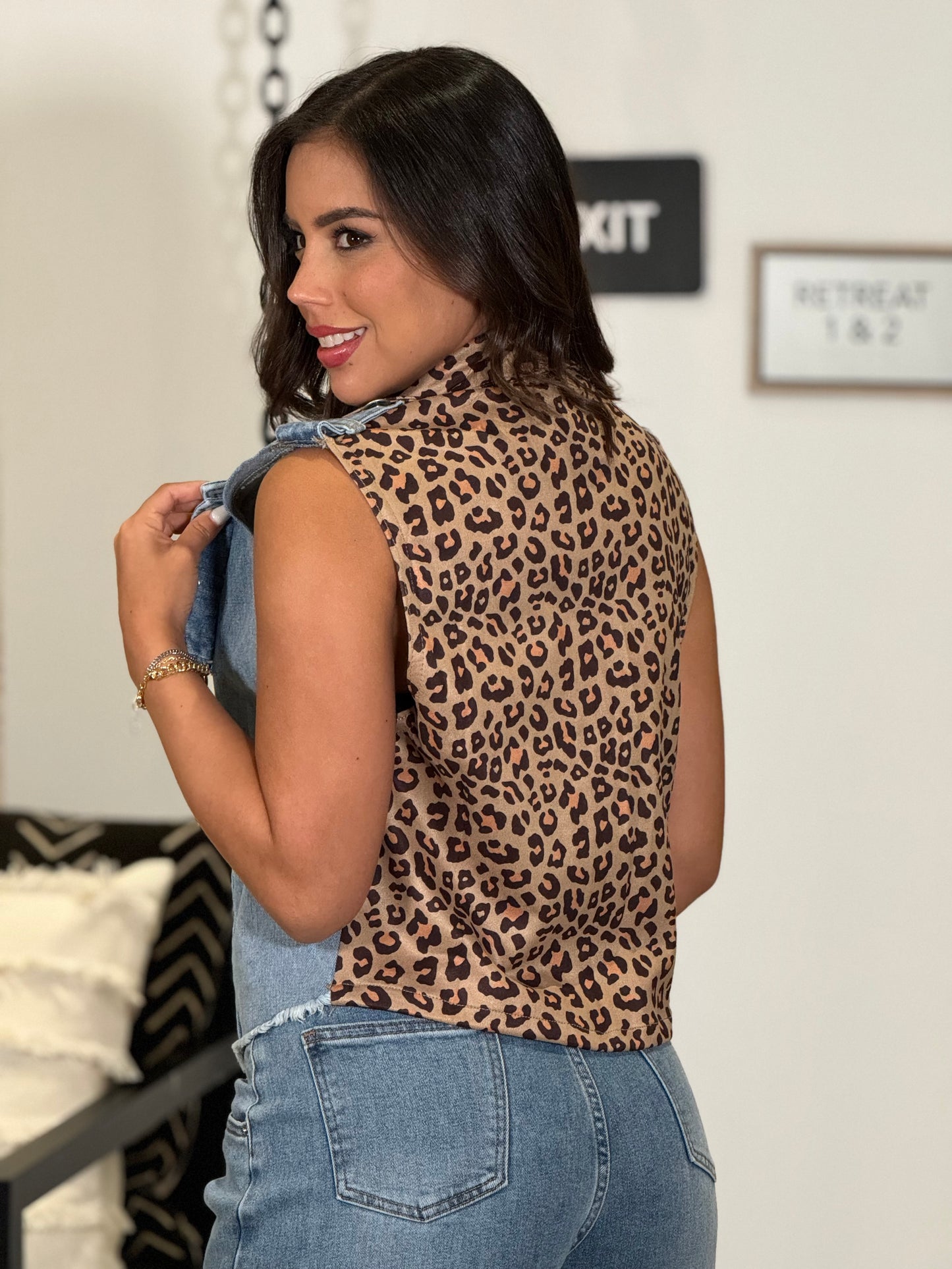 Candy Leopard Denim Vest Top