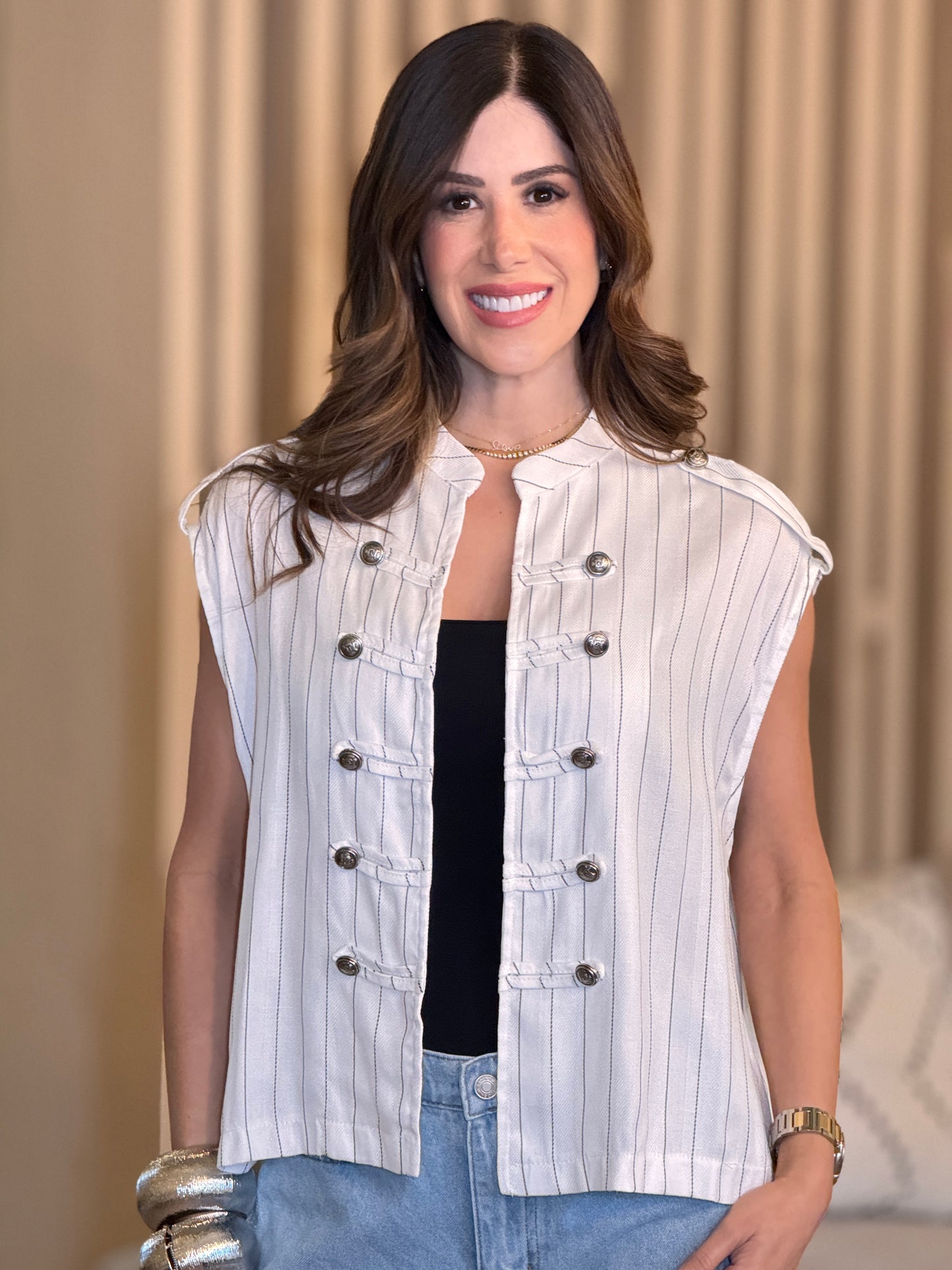 Napoleon White/Black Linen Vest Top