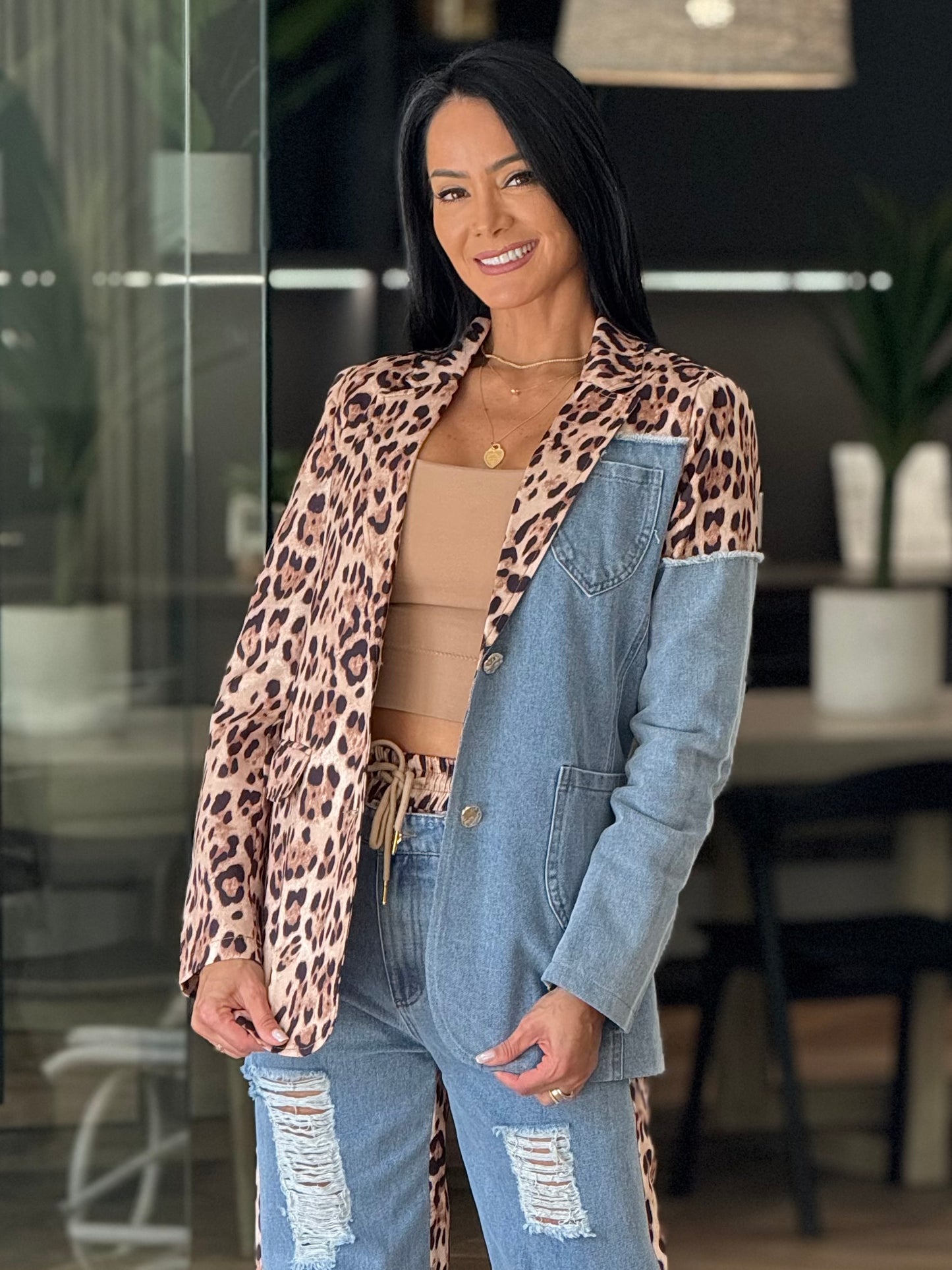 Norkys Leopard/Denim Jacket Top