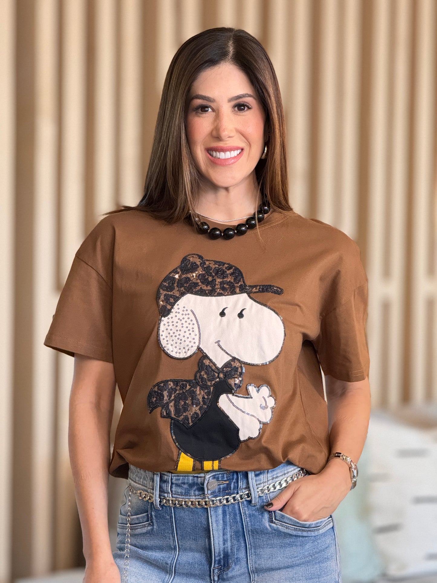 Cartoon Leopard Hat Brown T-Shirt