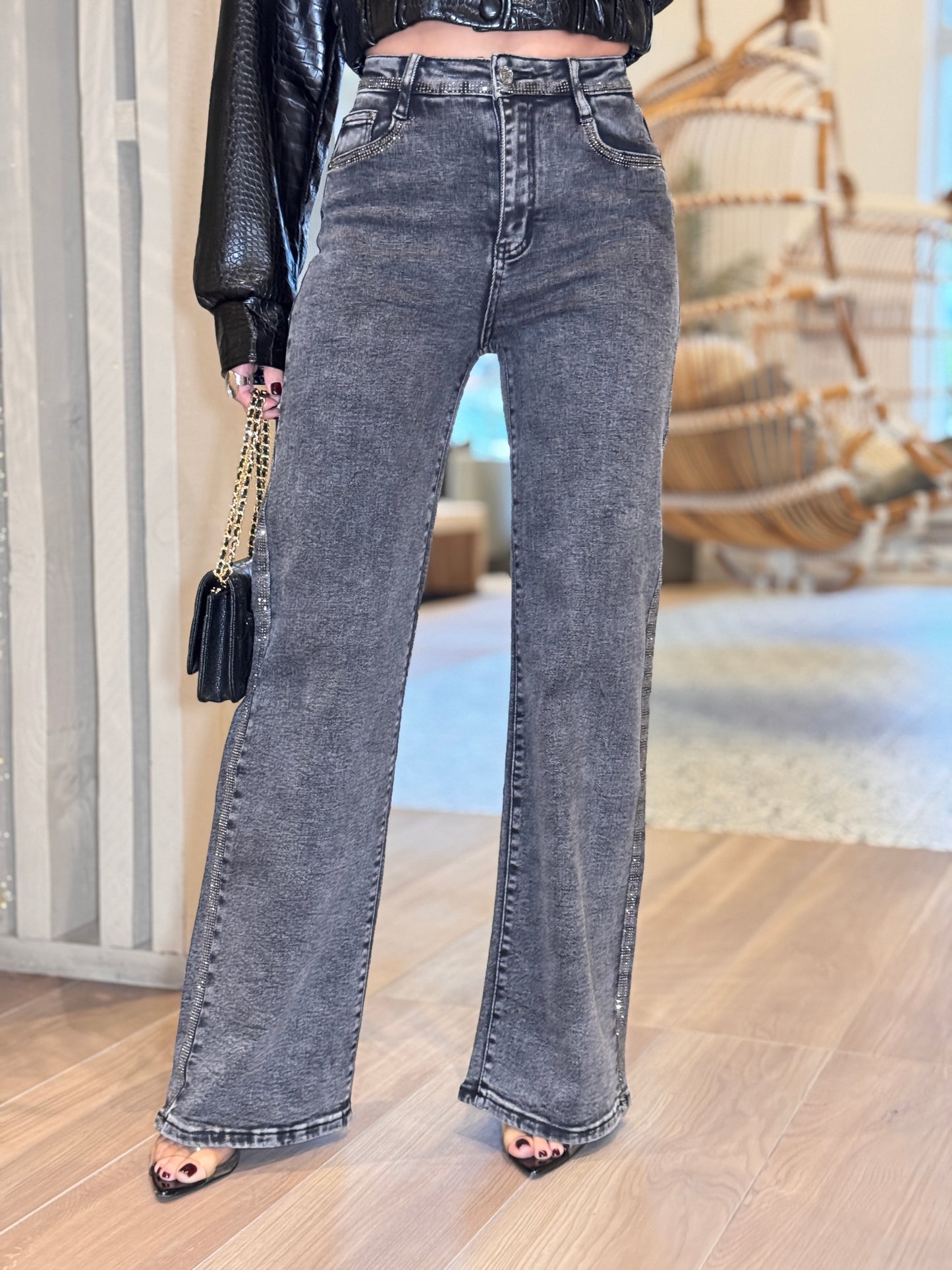 Nina Gray Pocket Rhinestones Jeans