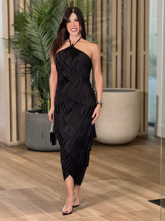 Luxxie Black Pleated Satin Dress Gala