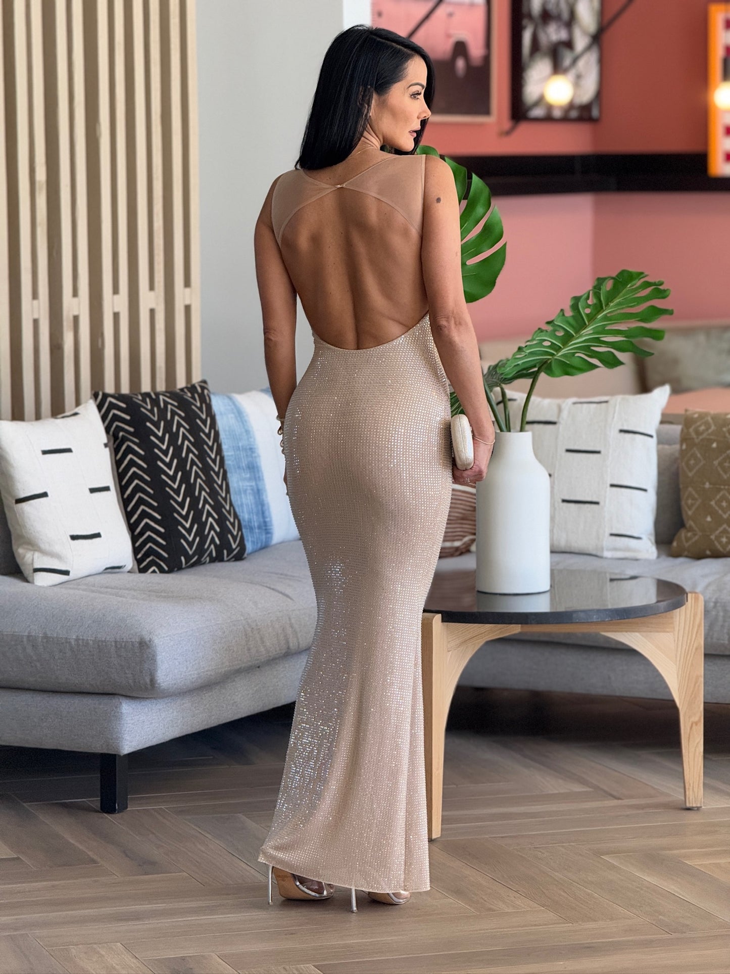 Norkys Beige Rhinestone Dress Gala