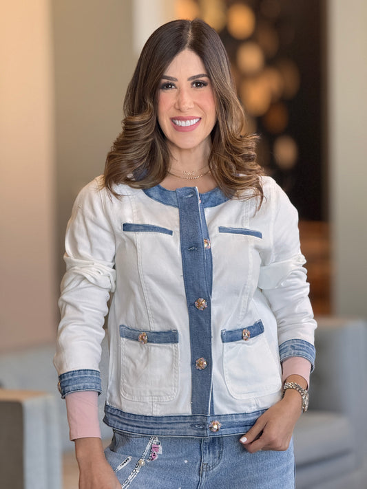 Zoe French White/Denim Neck Jacket Top