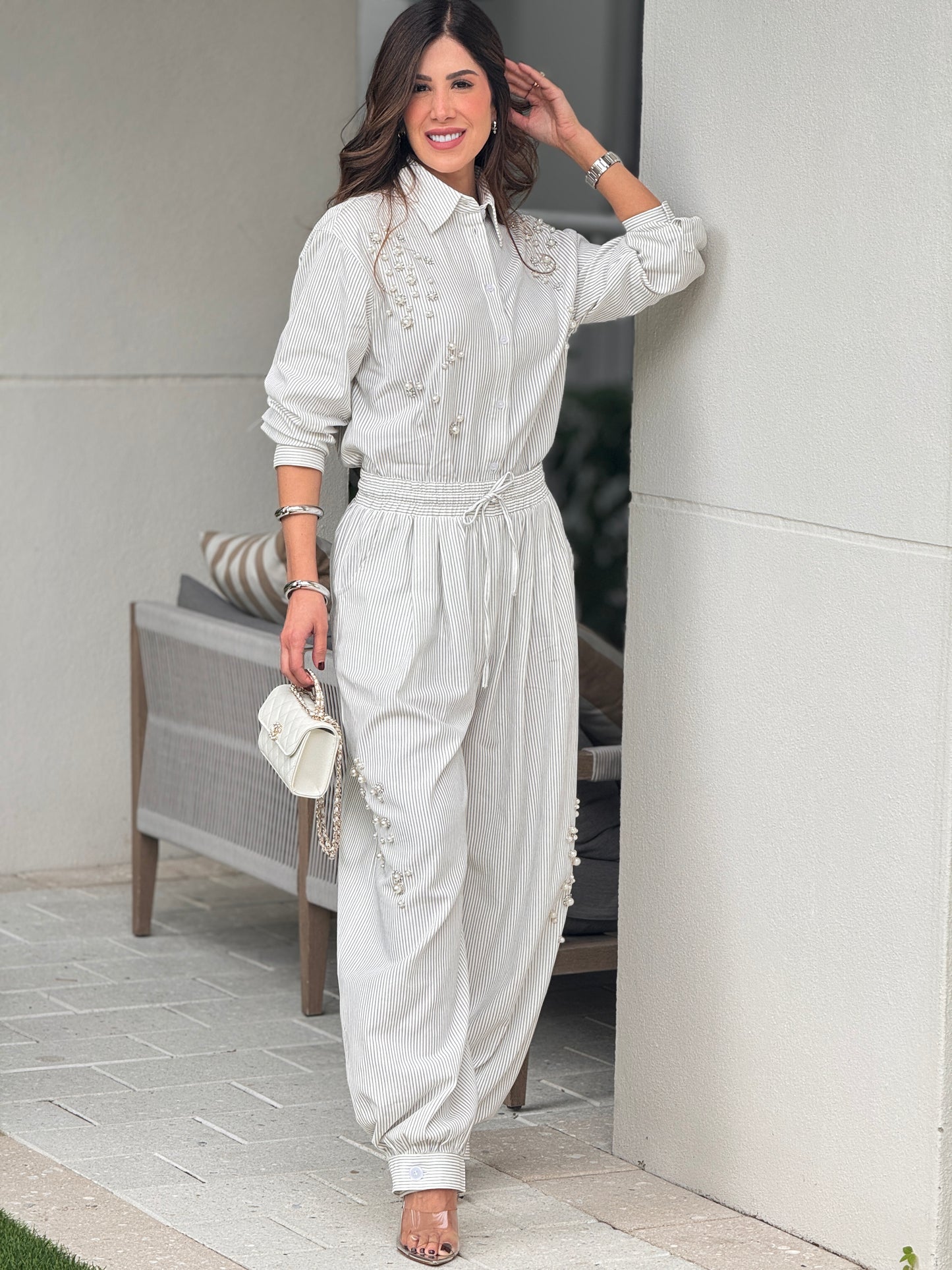 Rivera Gray/White Lines+Pearls Set