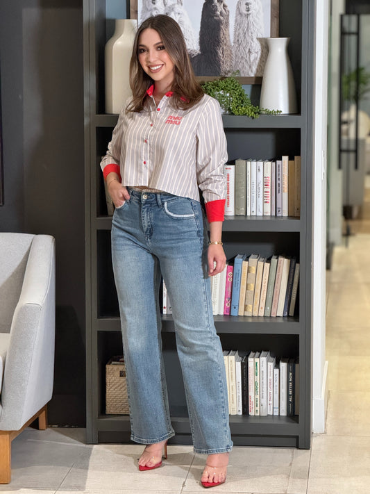 Miu Red/Blue Cropped Shirt