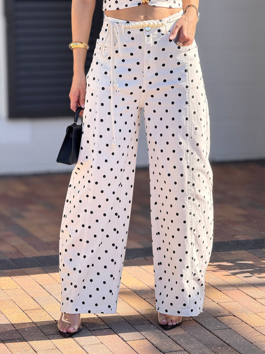 Muy White/Black Pearls Polka Dots Pants