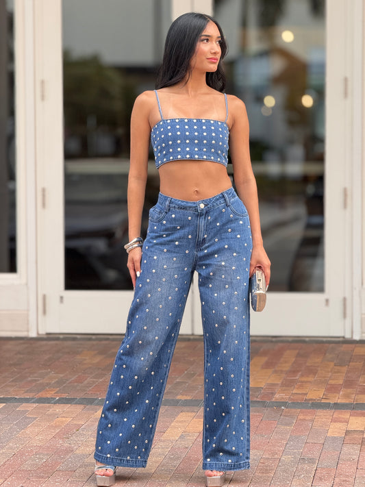Gaia Dark Denim Silver Round Studs Jeans Set