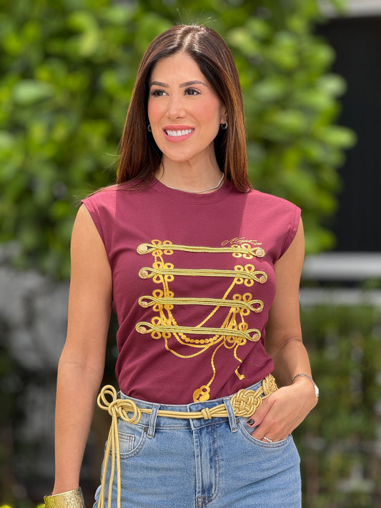 Napo Melodie Burgundy Gold Studs T-Shirt