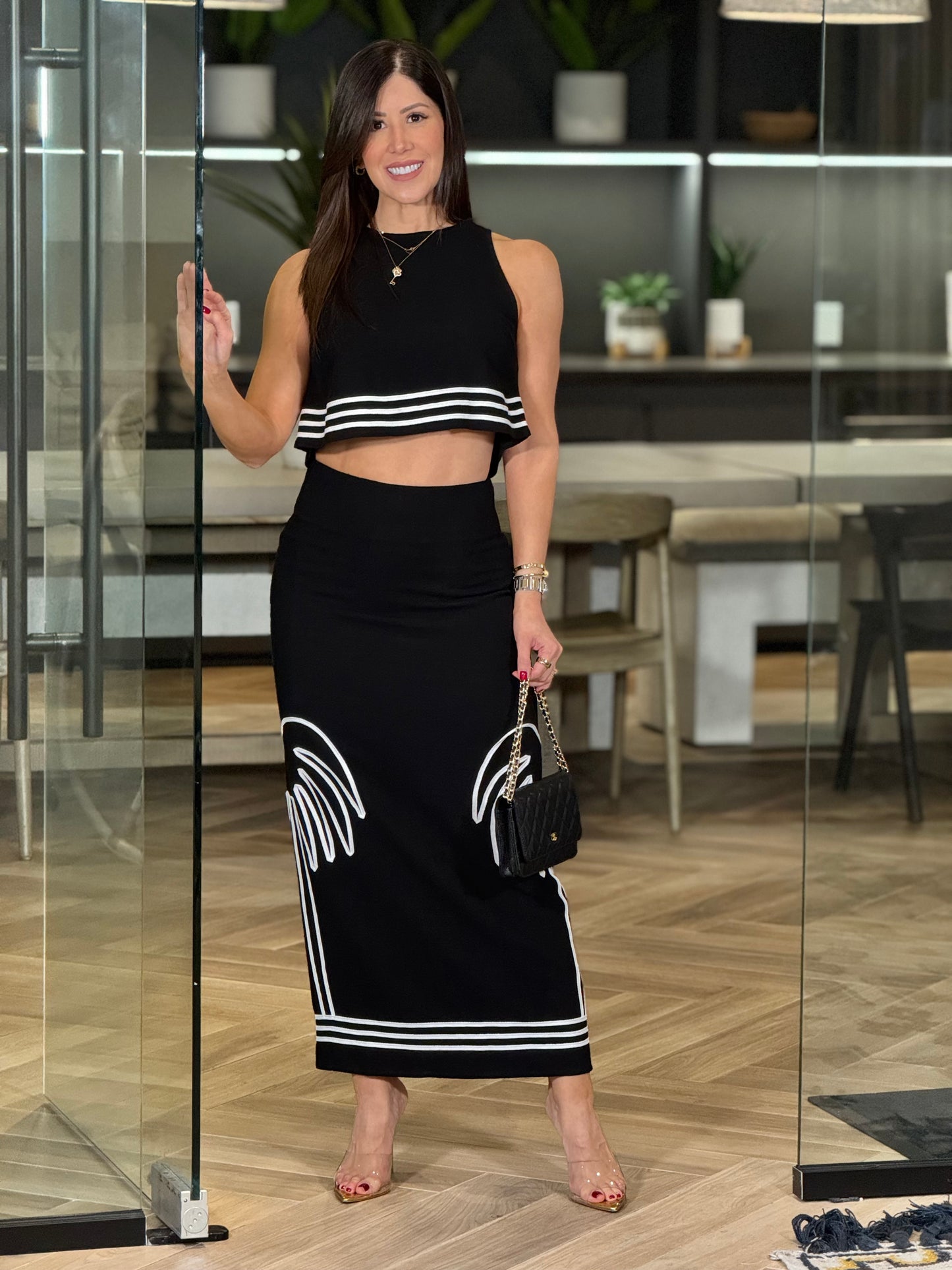 Angelica Black Palm Embroidery Skirt Set