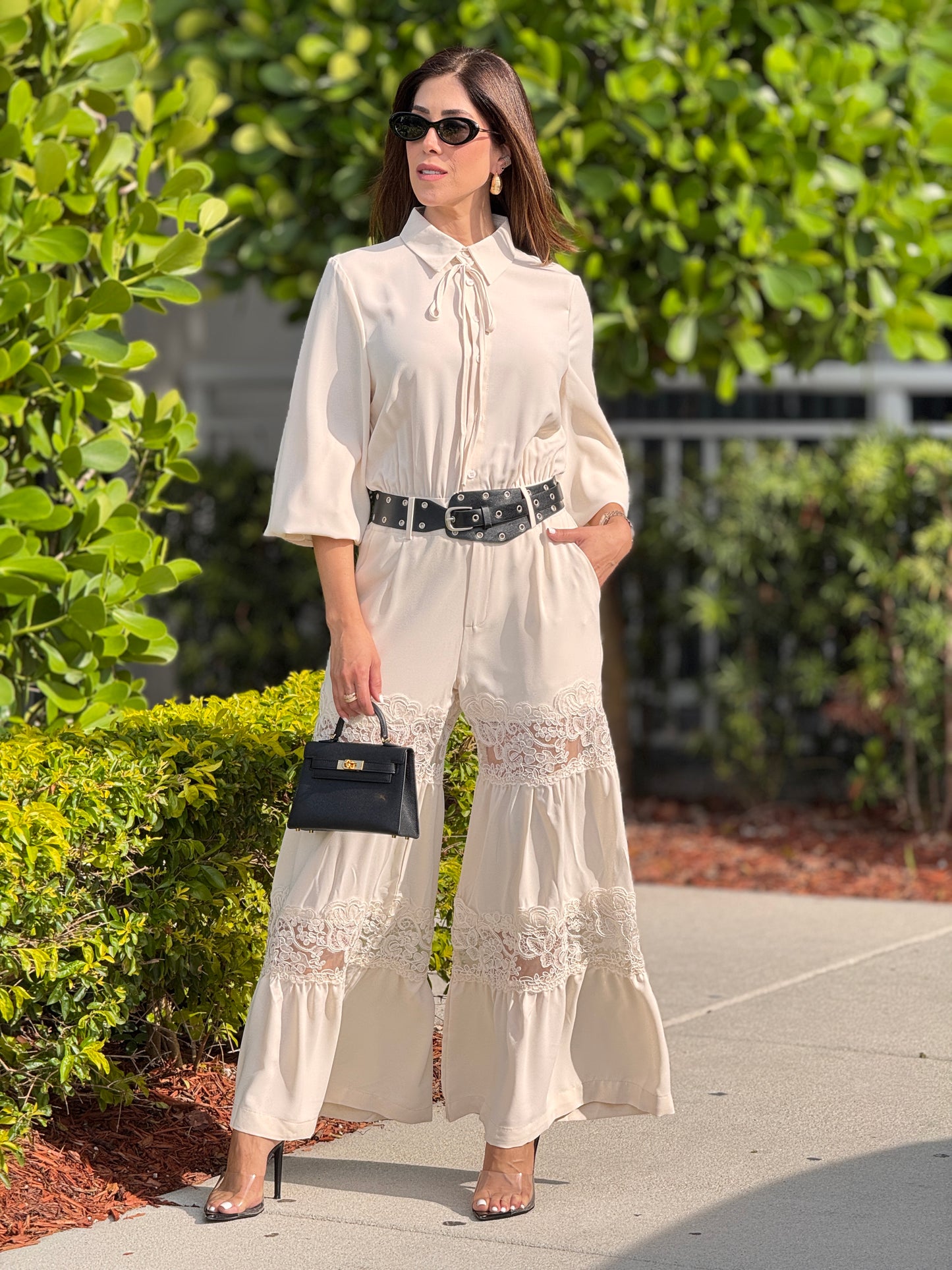 Tennie Ivory Lace + Belt Jumpsuit