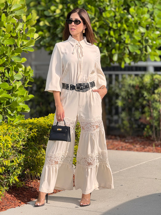 Tennie Ivory Lace + Belt Jumpsuit