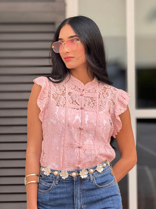 Nyla Chinese Pink Torchon Ruffle Top