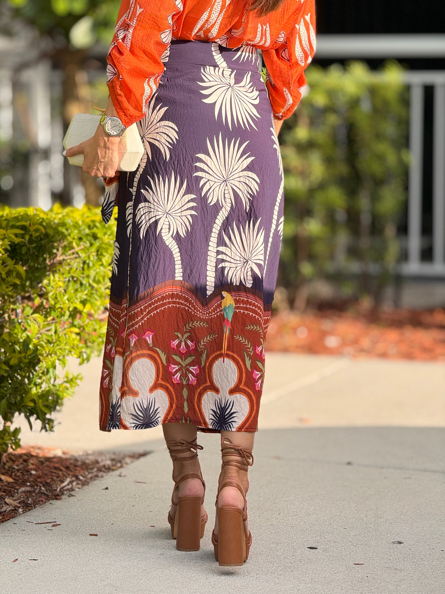 Palms Navy/Brown Print Midi Skirt