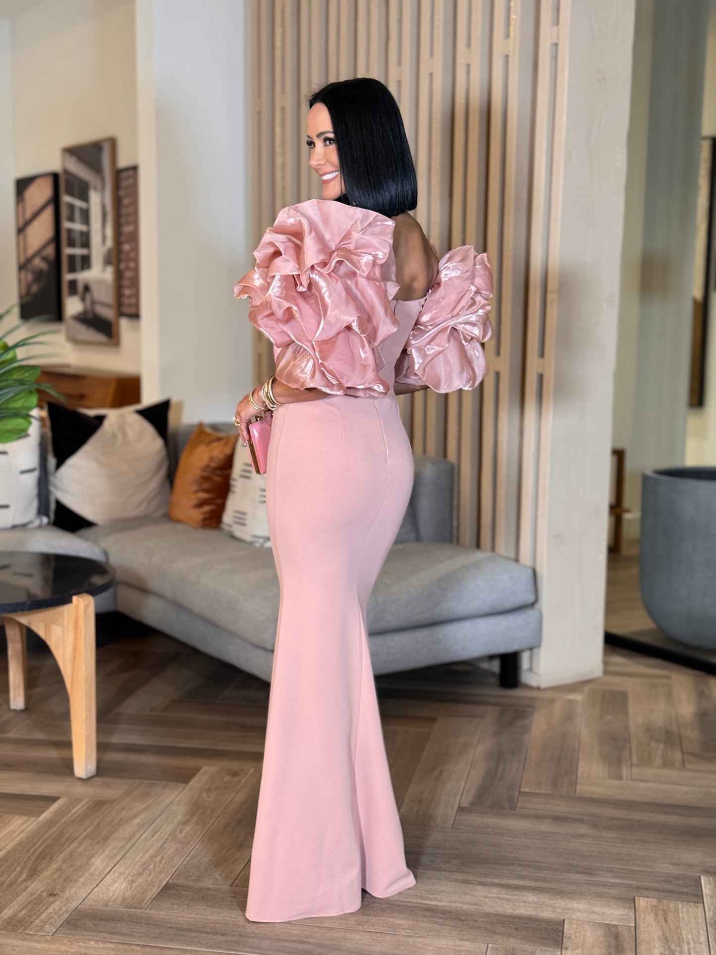 Meredith Pink Chiffon Arms Dress Gala