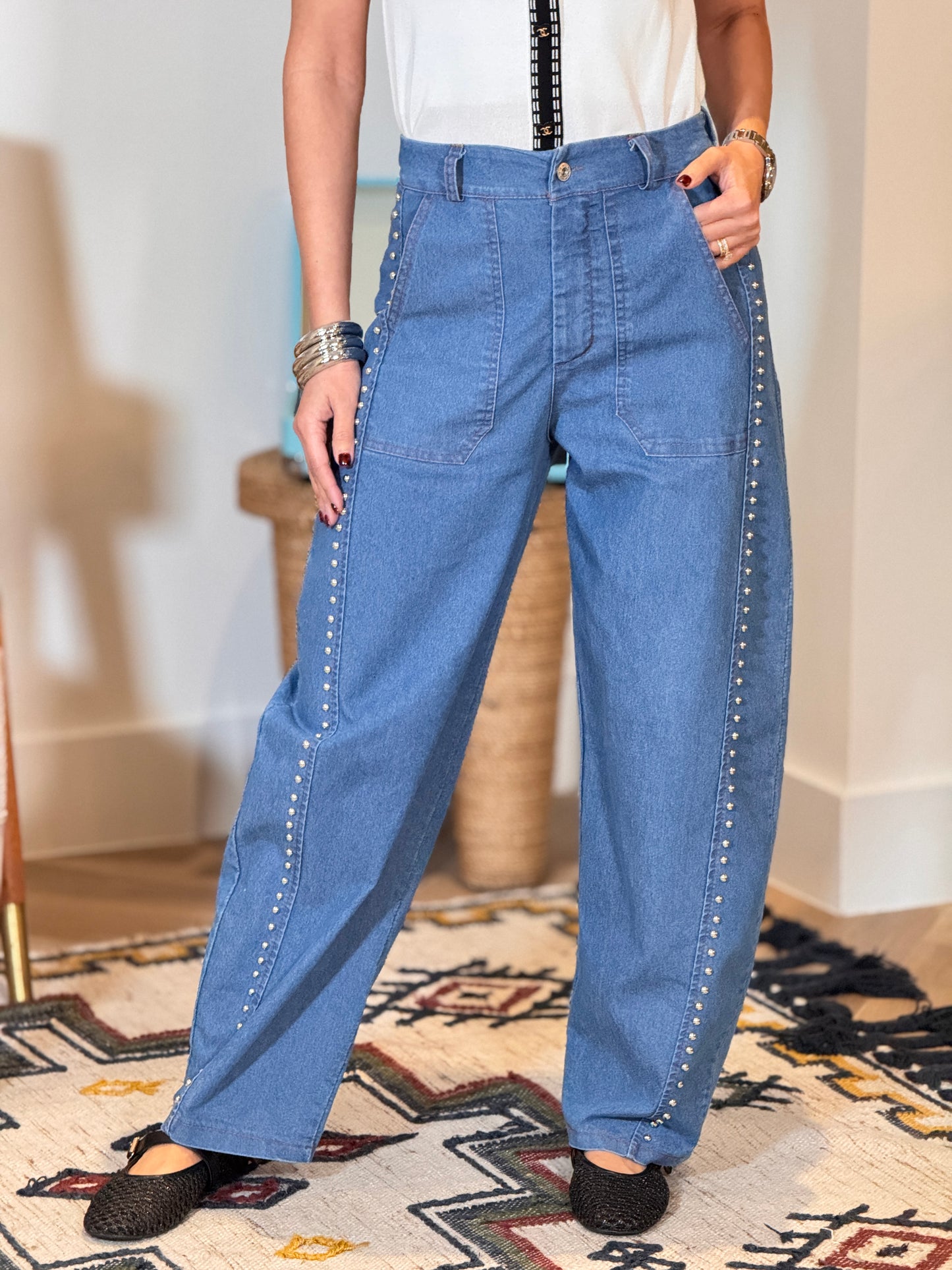Italy Mid Denim Studs Jogger Pants