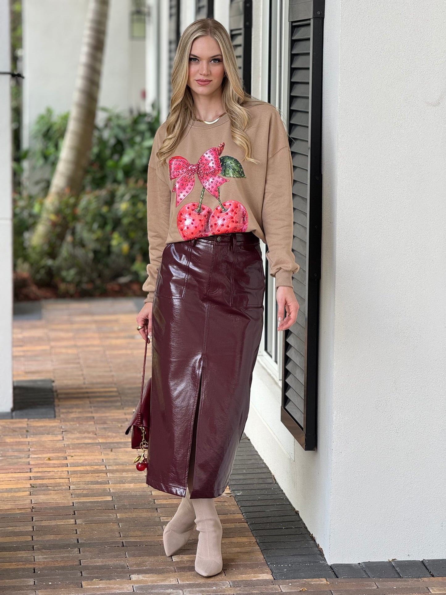 Cherry Beige Bow Rhinestone Sweater Top