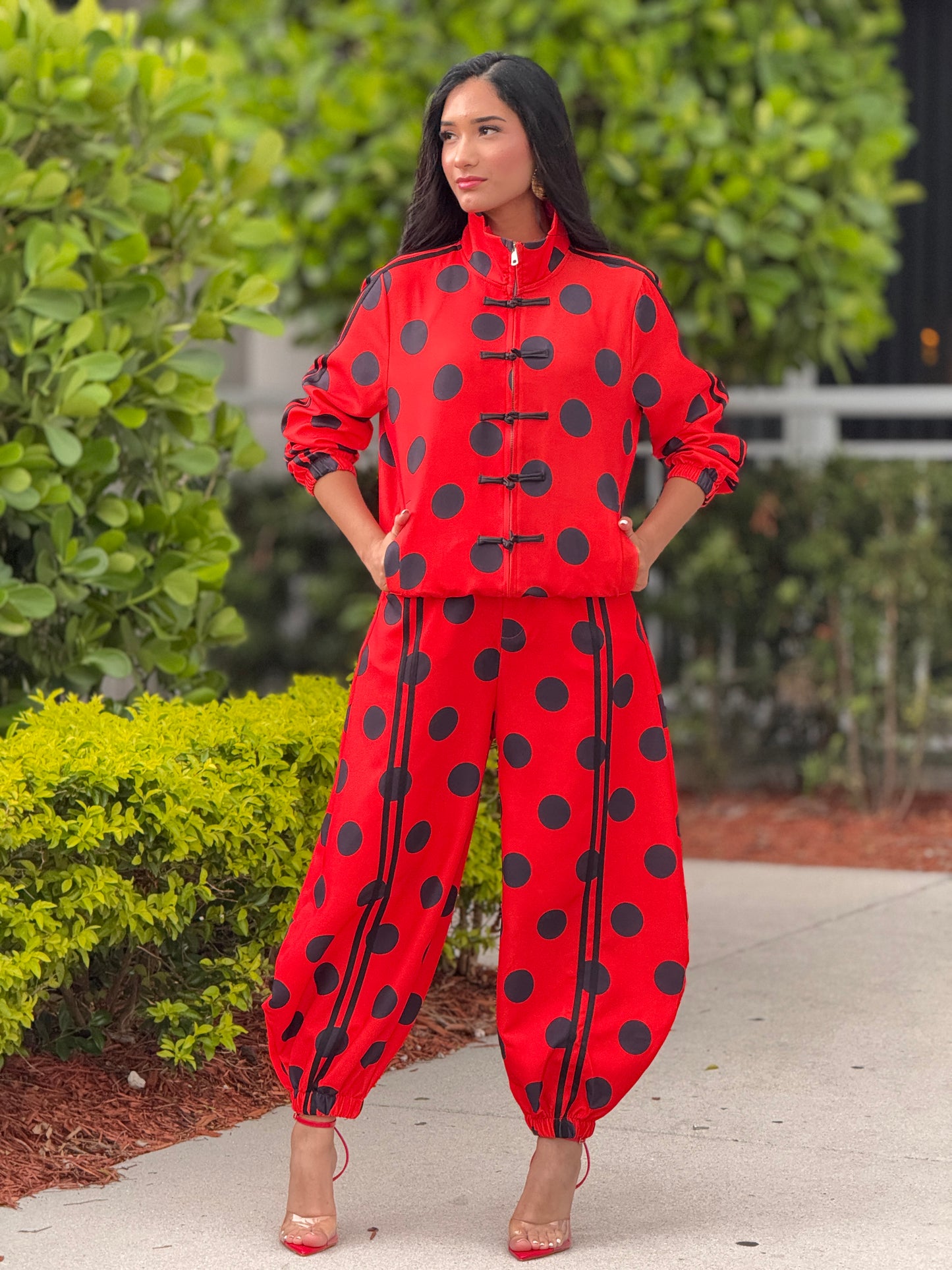 Chinese Red/Black Polka Dots Jacket Set
