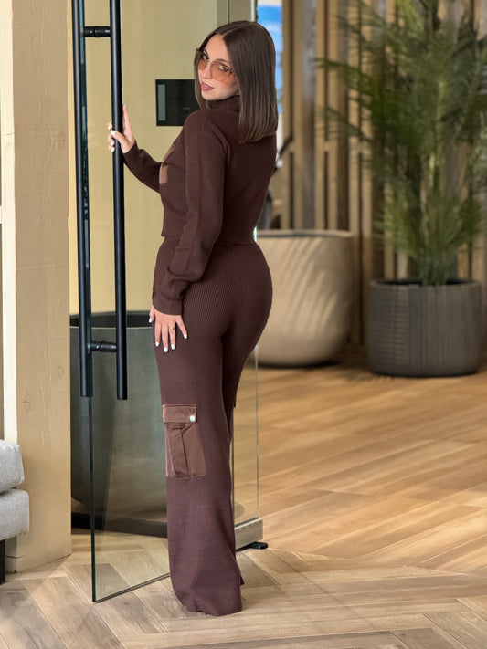 Rivera Brown Knitted/Satin Sport Set